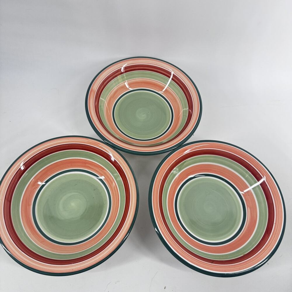 Pier 1 Green Coral Rust Bands Bowls SET OF 3 Hand Painted ITALY